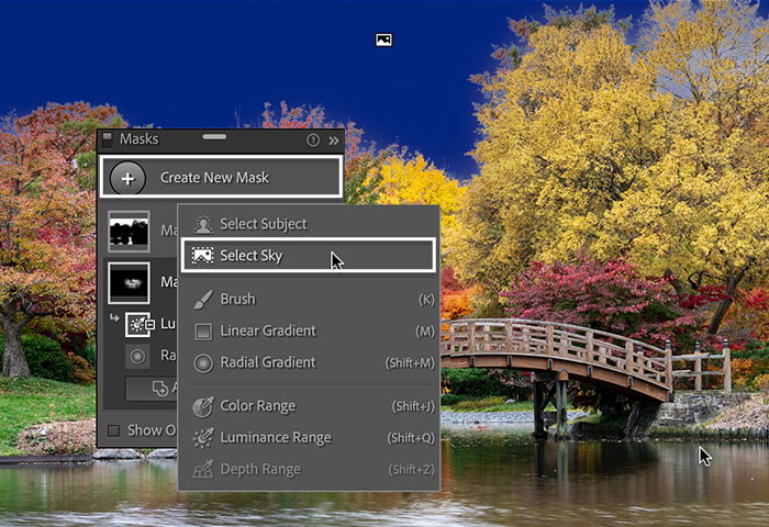 Screenshot of select sky result for new AI Lightroom masking