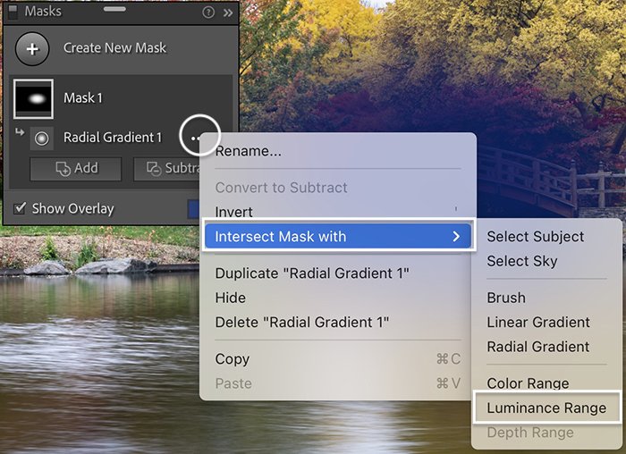 Screenshot of Intersect Mask and Luminance Range in menu for Lightroom masking