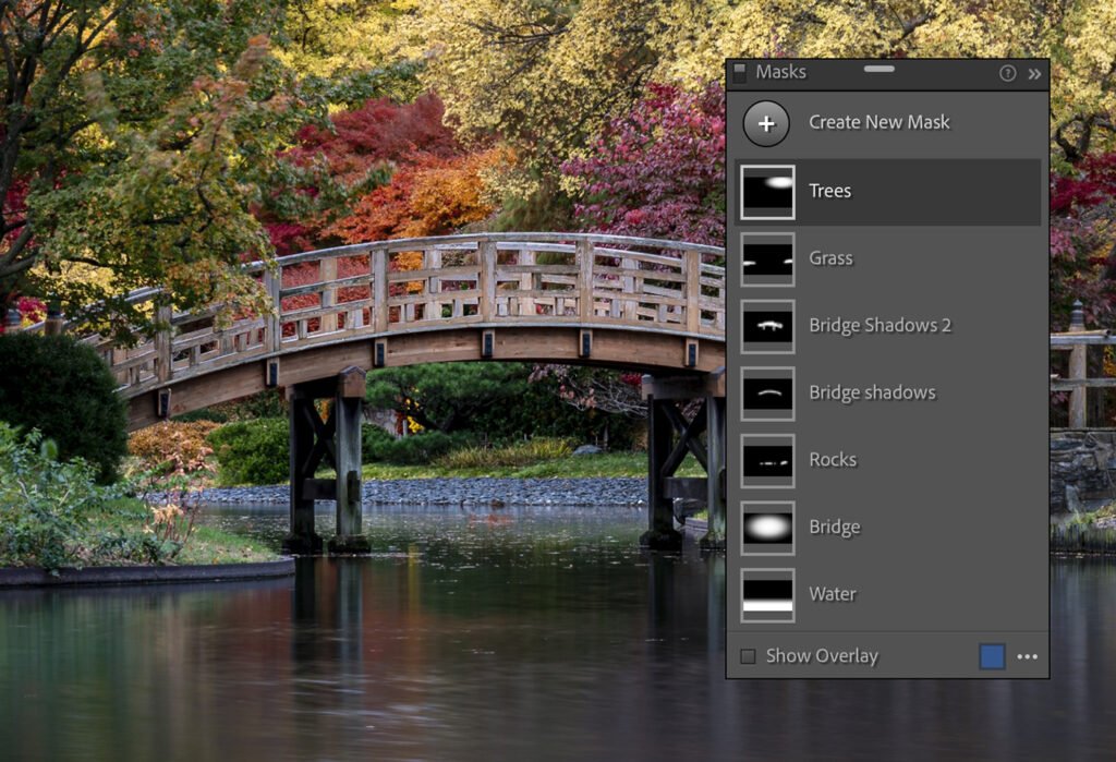 Lightroom screenshot masking layer panel on autumn bridge landscape