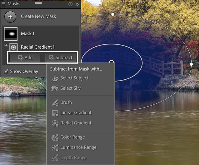 Screenshot of add or subtract from selection menu for Lightroom masking