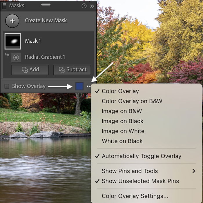 Screenshot of overlay menu and color picker for Lightroom masking