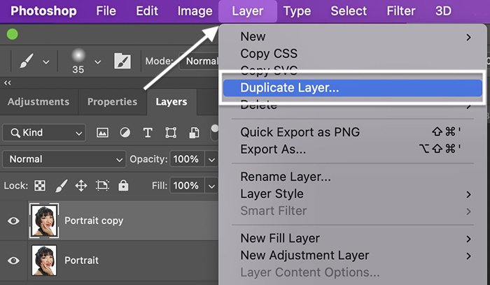 Screenshot of duplicate layer for the Liquify tool in Photoshop 