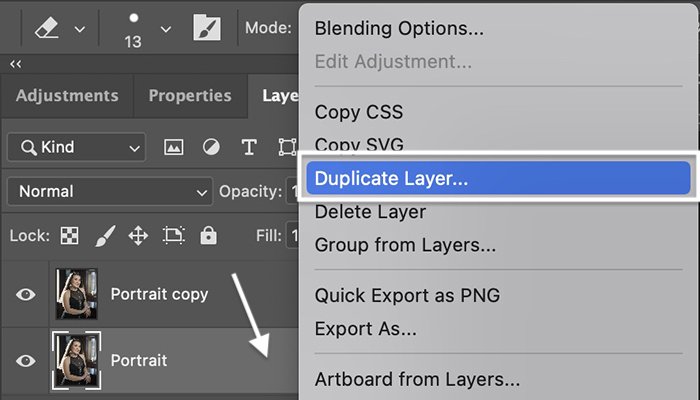 Screenshot of duplicate layer for Liquify Photoshop tool