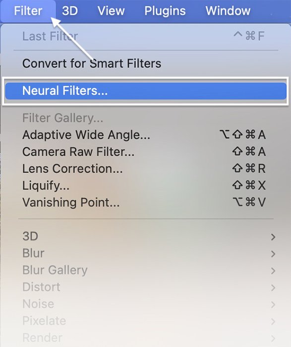 Screenshot of Photoshop Neural Filters menu