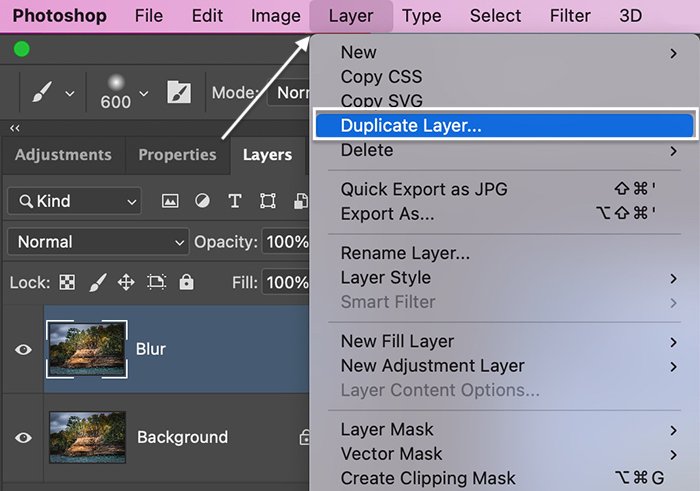 Screenshot of making a duplicate layer for Blur tool in Photoshop