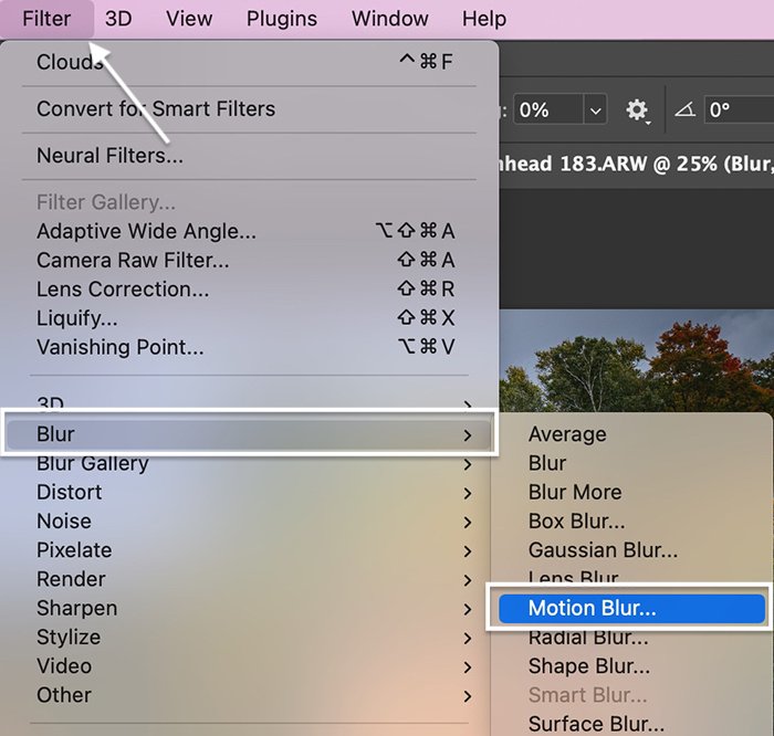 Screenshot of choosing filter Blur tool in Photoshop