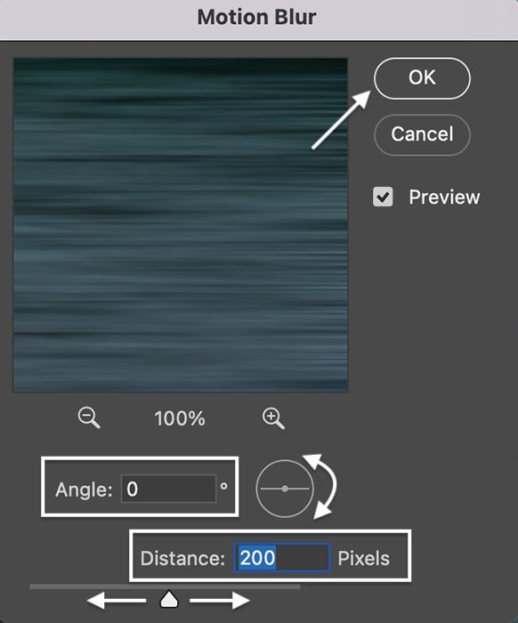 Screenshot of window for Motion Blur tool in Photoshop