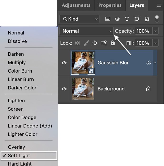 Screenshot of blend mode menu for a Photoshop glow effect
