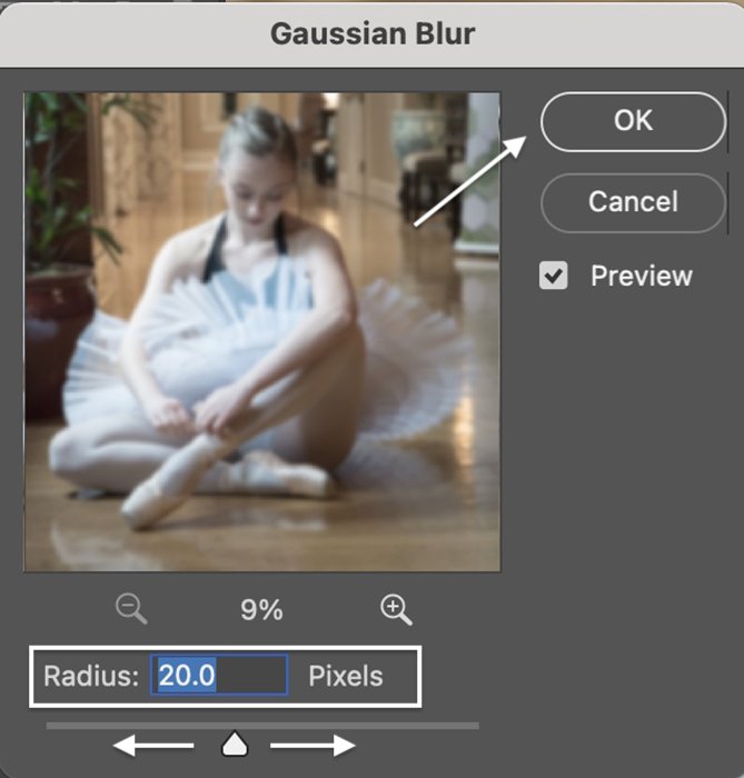 Screenshot of adding gaussian blur to a ballet dancer image for a Photoshop glow effect