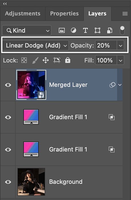 Screenshot of blend mode linear dodge adjustments for Photoshop glow effect