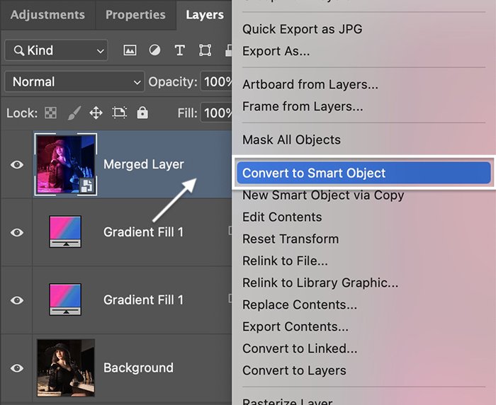 Screenshot of converting layer to Smart Object for Photoshop glow effect