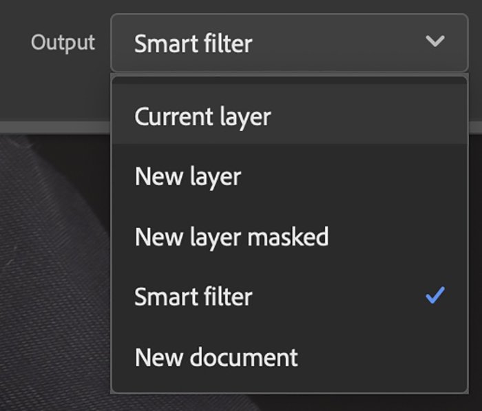 Screenshot of Photoshop Neural Filters panel of output options