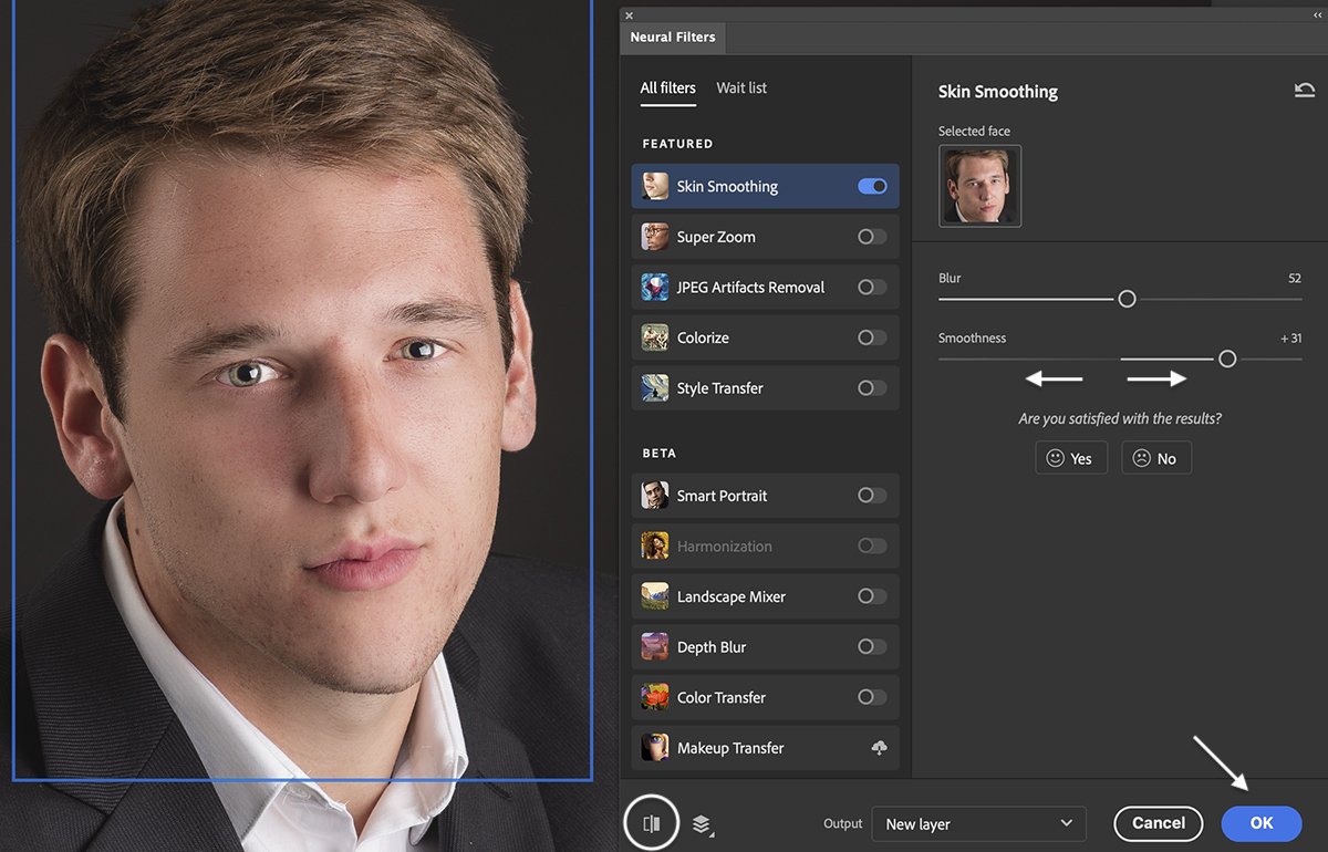 Screenshot of Photoshop Neural Filters panel of Skin Smoothing on a man's portrait