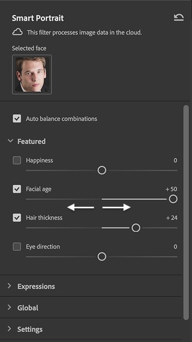 Screenshot of panel settings for Smart Portrait Photoshop Neural Filter