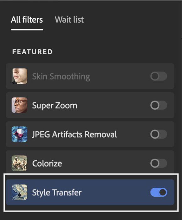 Screenshot of highlighted toggle for Style Transfer Photoshop Neural Filter