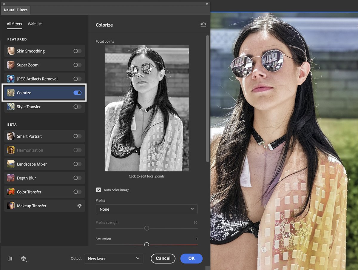 Screenshot of Photoshop Neural Filters panel colorizing a portrait of a woman