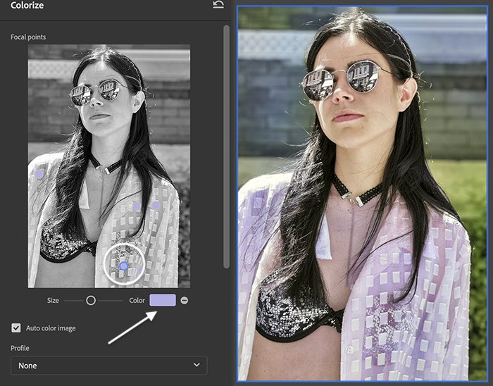 Screenshot of Colorize Photoshop Neural Filter panel highlighting focal points on a woman's portrait