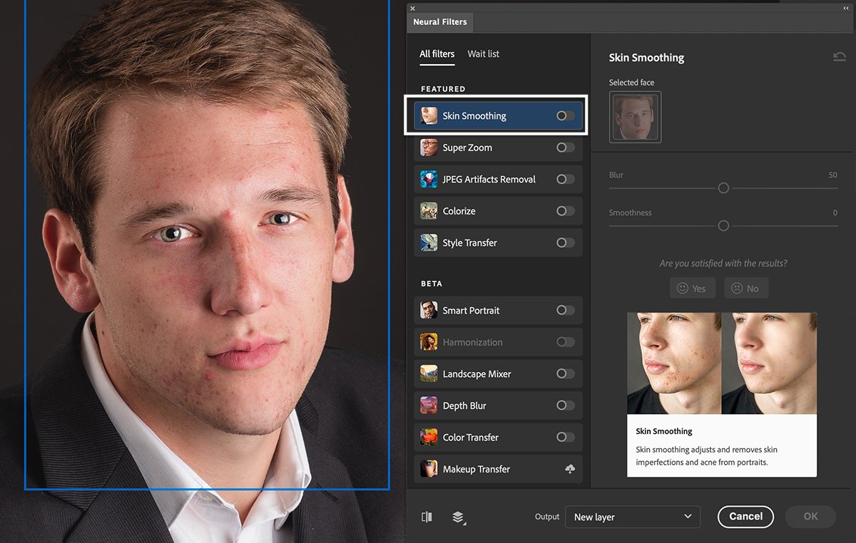 Screenshot of Photoshop Neural Filters panel of Skin Smoothing on a man's portrait