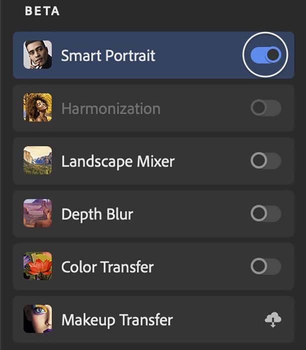 Screenshot of highlighted panel toggle for Smart Portrait Photoshop Neural Filter