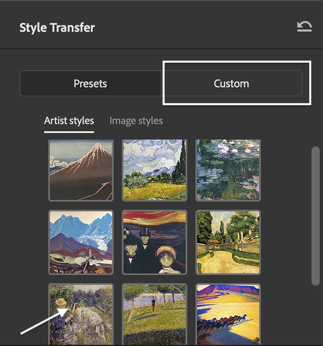 Screenshot of Photoshop Neural Filter Style Transfer panel