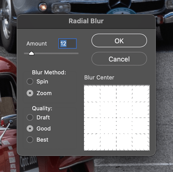 Screenshot of radial blur panel settings in Photoshop