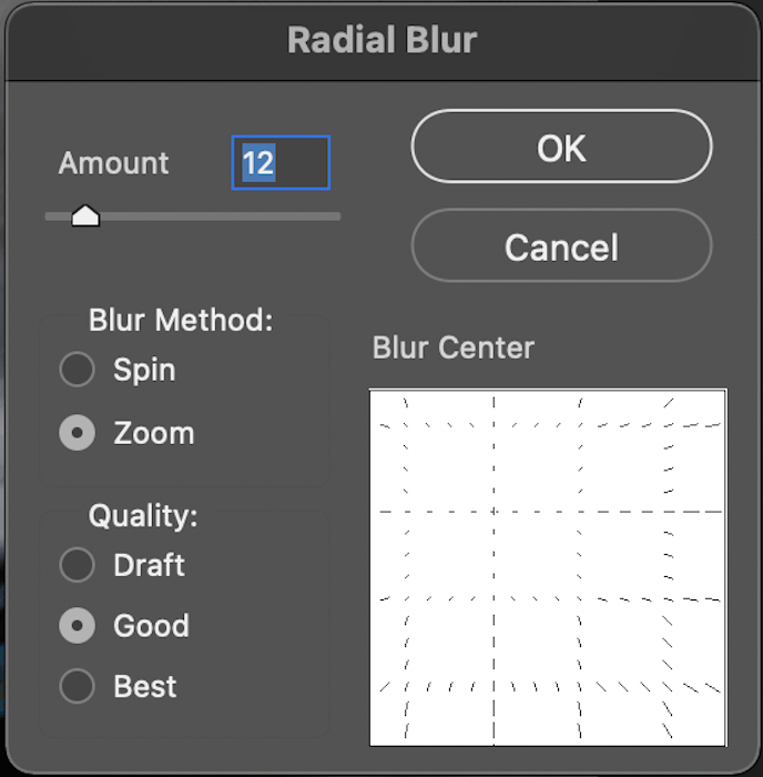 Screenshot of shifted center point of radial blur settings in Photoshop