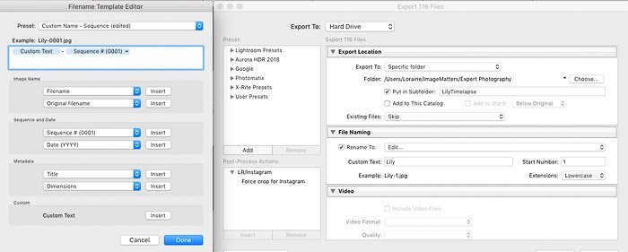 timelapse in photoshop: screenshot of the export dialog box in Lightroom