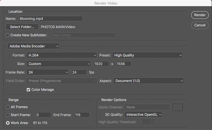 timelapse in photoshop: screenshot of a render video dialog box in photoshop