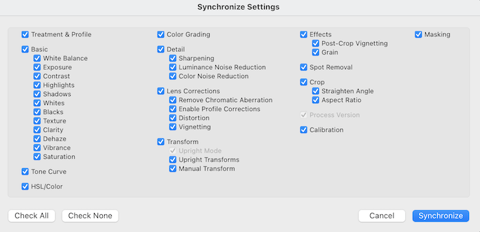 timelapse in photoshop: Screenshot of synchronize settings