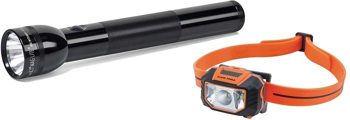 urban exploration gear: product photo of the Maglight LED 3-Cell D Flashlight and Klein Tools LED Headlamp
