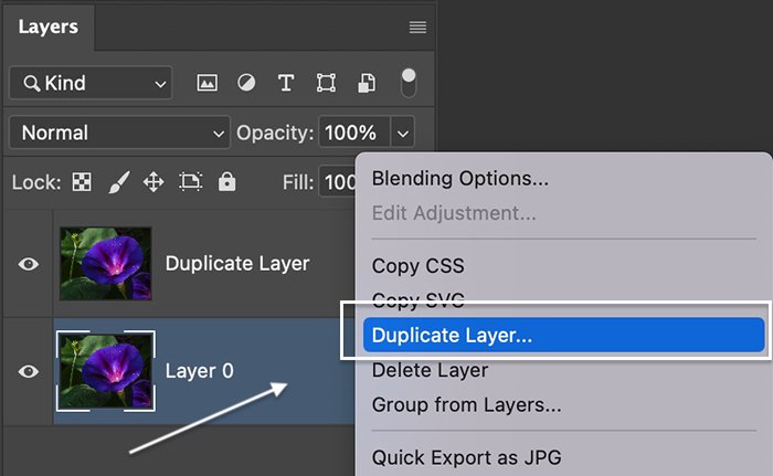 Screenshot of creating a duplicate layer for Blur tool in Photoshop