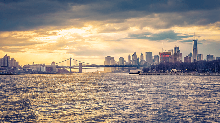 New York City cityscape shot at golden hour