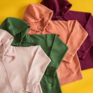 Flat lay image of hooded jackets in multiple colours