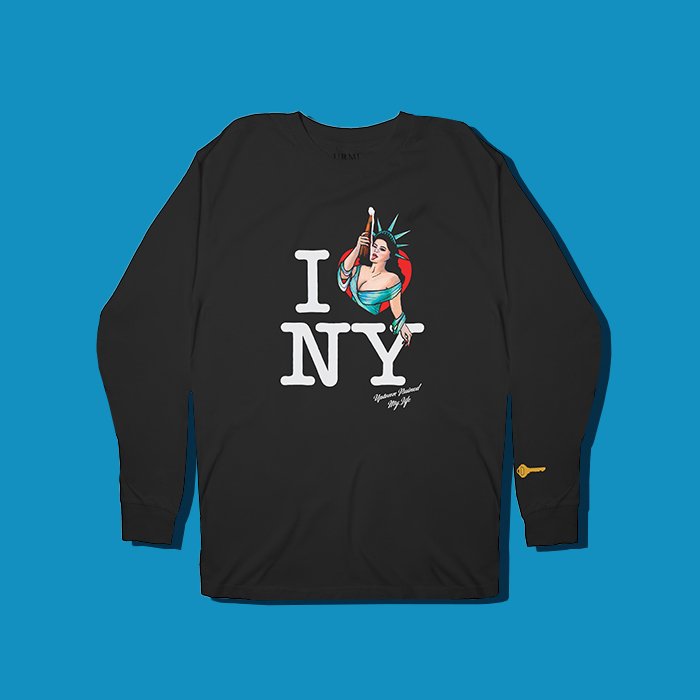A flat lay image of a black sweater with an I love New York graphic