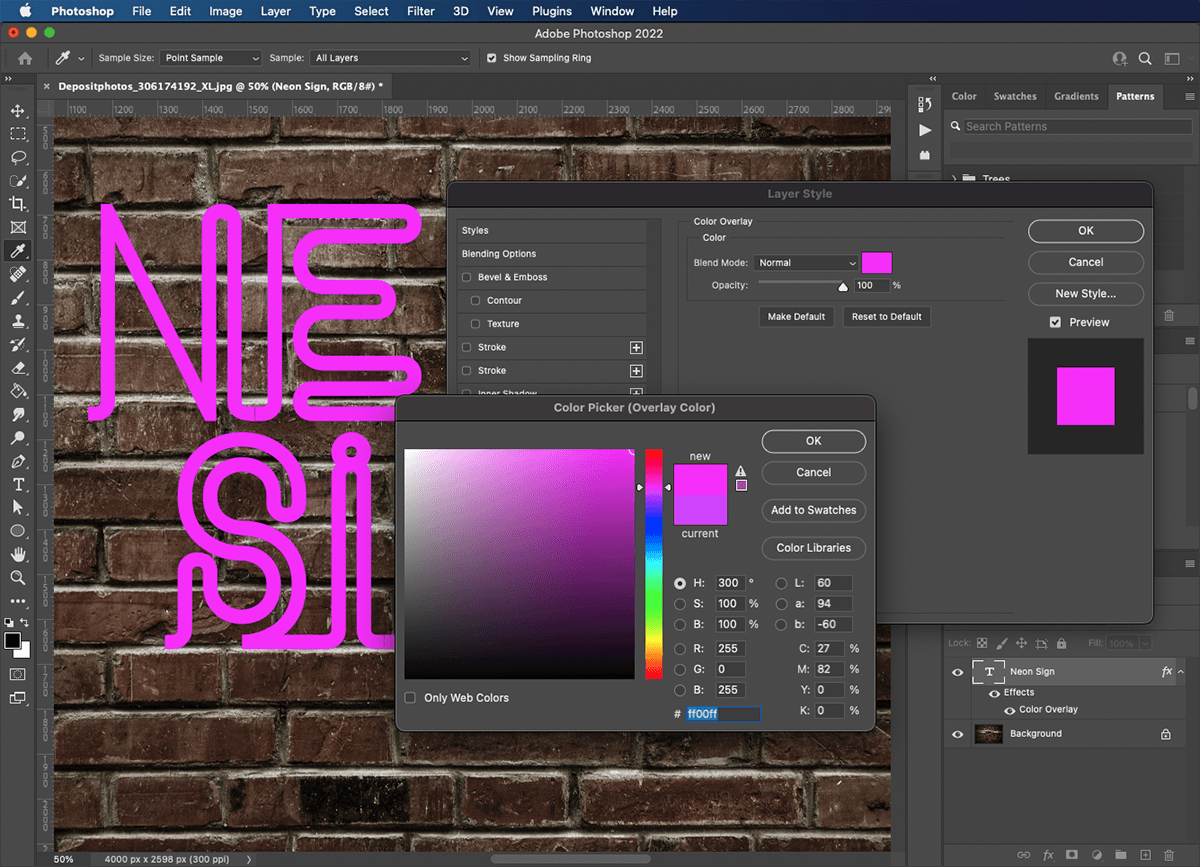 selecting a magenta colour with colour overlay