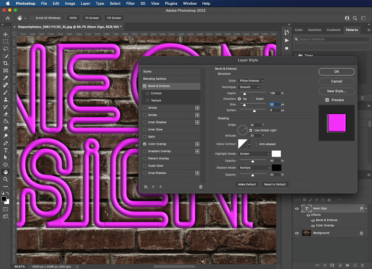 creating a tubular text effect with the bevel and emboss setting