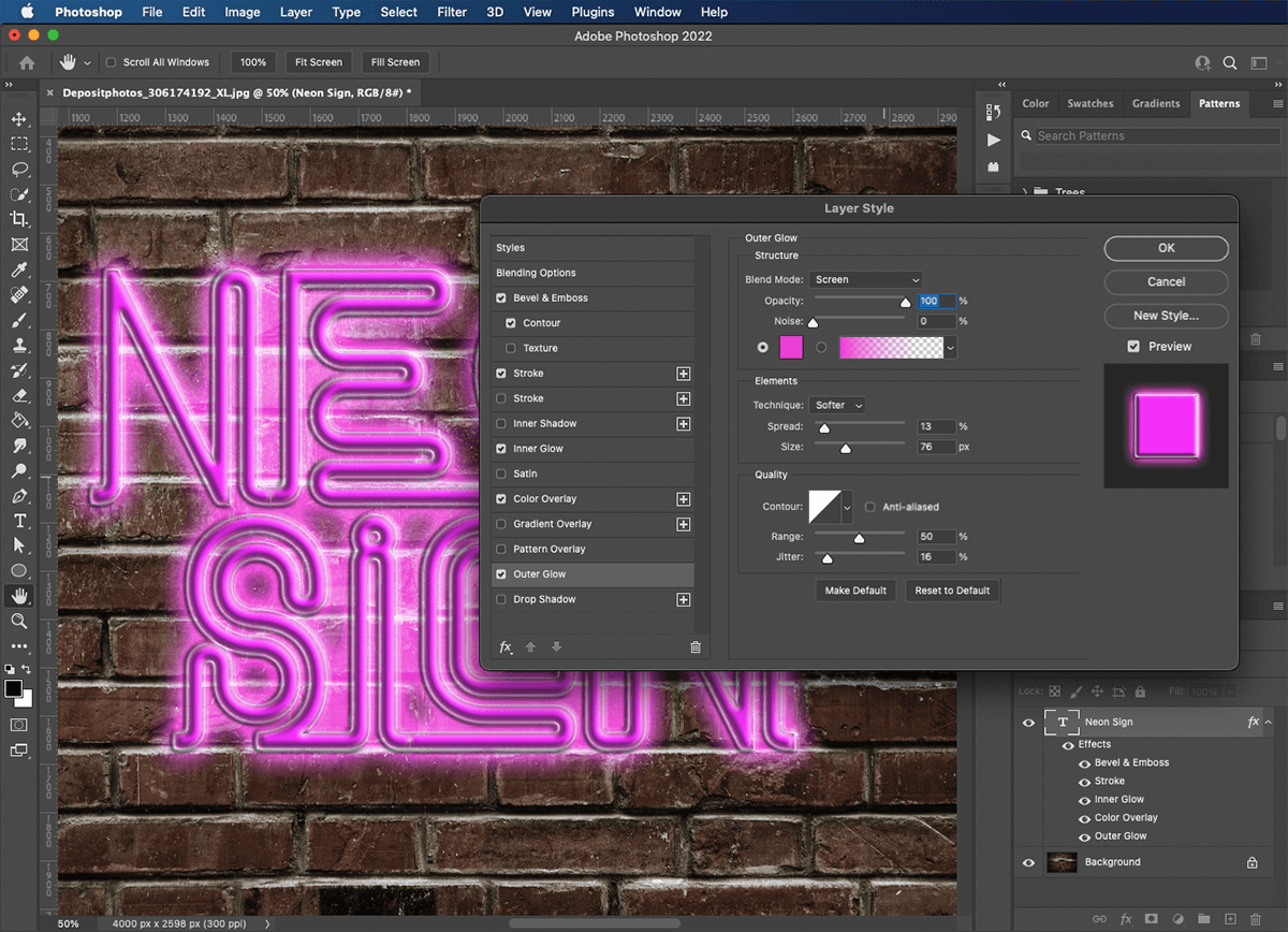 creating a neon glow for your text with the outer glow setting