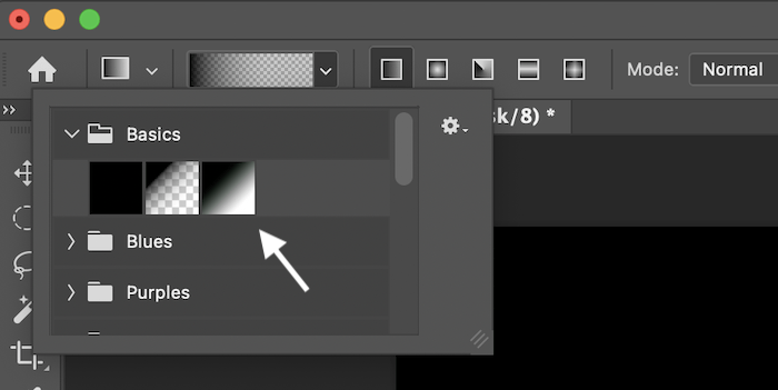 Screenshot of Photoshop black, white gradient selection