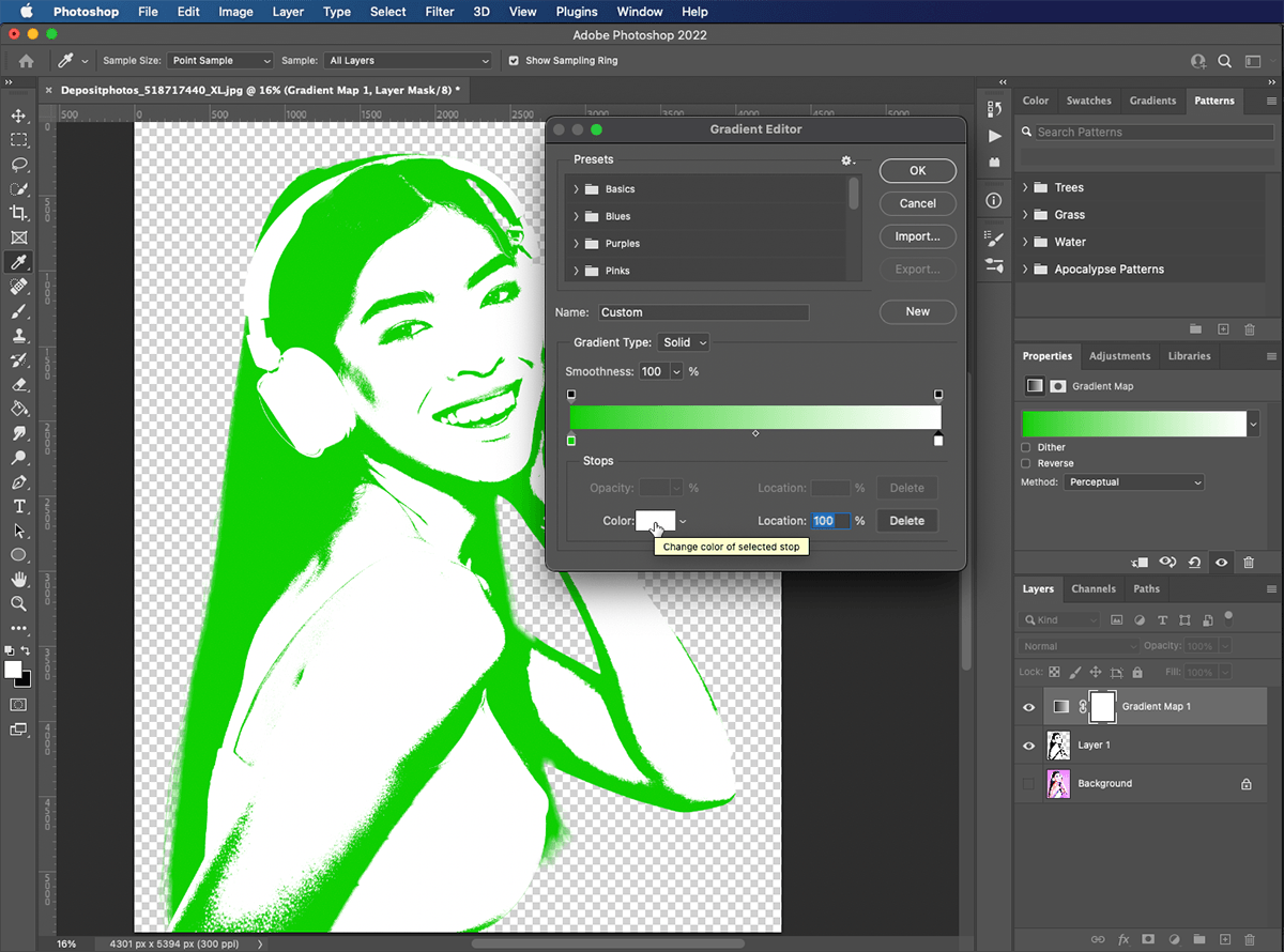 pop art in photoshop step 7: selecting gradient color on photoshop