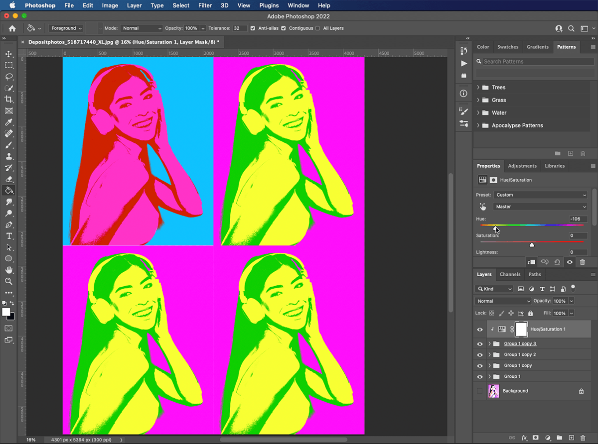Changing colours of each of your four images to create an Andy Warhol-style portrait in Photoshop