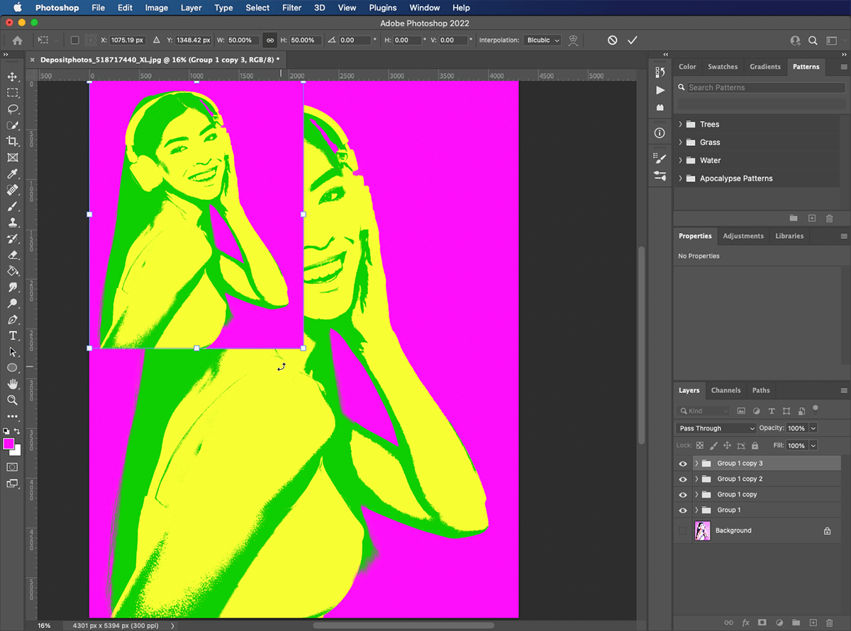 Transforming each Group in photoshop to create pop art effect