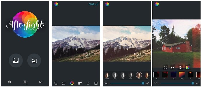 screenshots of the user interface display for the Afterlight photo editing app for photographers