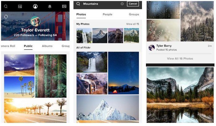 screenshots and features you get on the Flickr photo sharing platform