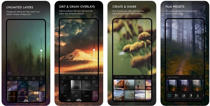 screenshots and feature displays of the Mexture photo editing app for photographers