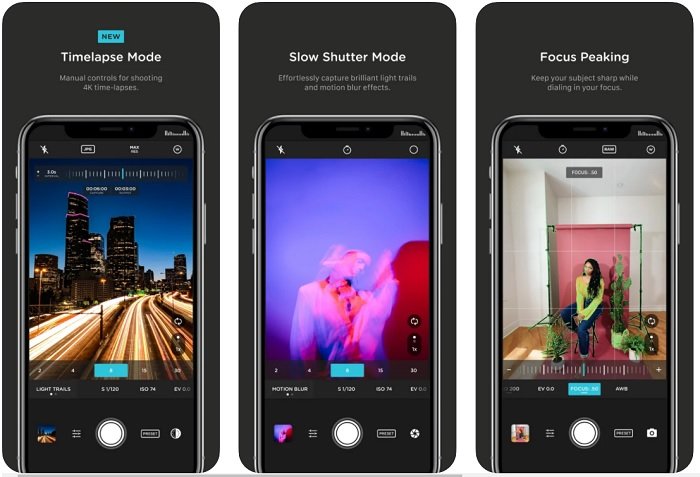 screenshots displaying some of the features available on the Moment Pro Camera app for photographers