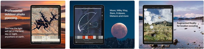 advert of some of the features of the The Photographer's Ephemeris camera app for photographers