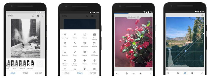 screenshots showing off some of the features you get on the Snapseed camera editing app for photographers 