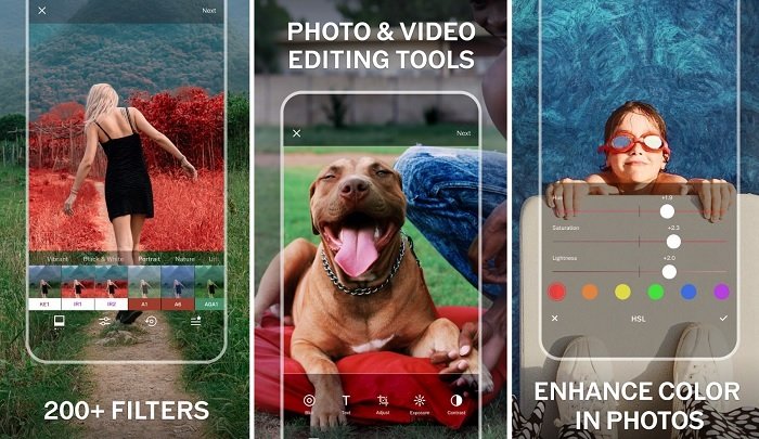 screenshots and features you get on the VSCO camera editing app for photographers