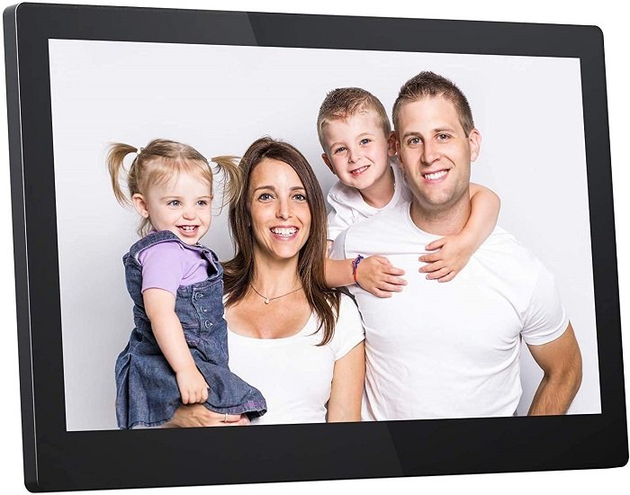 product photo of the Dragon Touch 15 WiFi Digital Picture Frame with mom and dad holding the kids