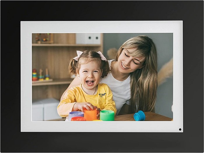 product photo of the PhotoShare Friends and Family Smart Digital Picture Frame with mom holding her laughing daughter